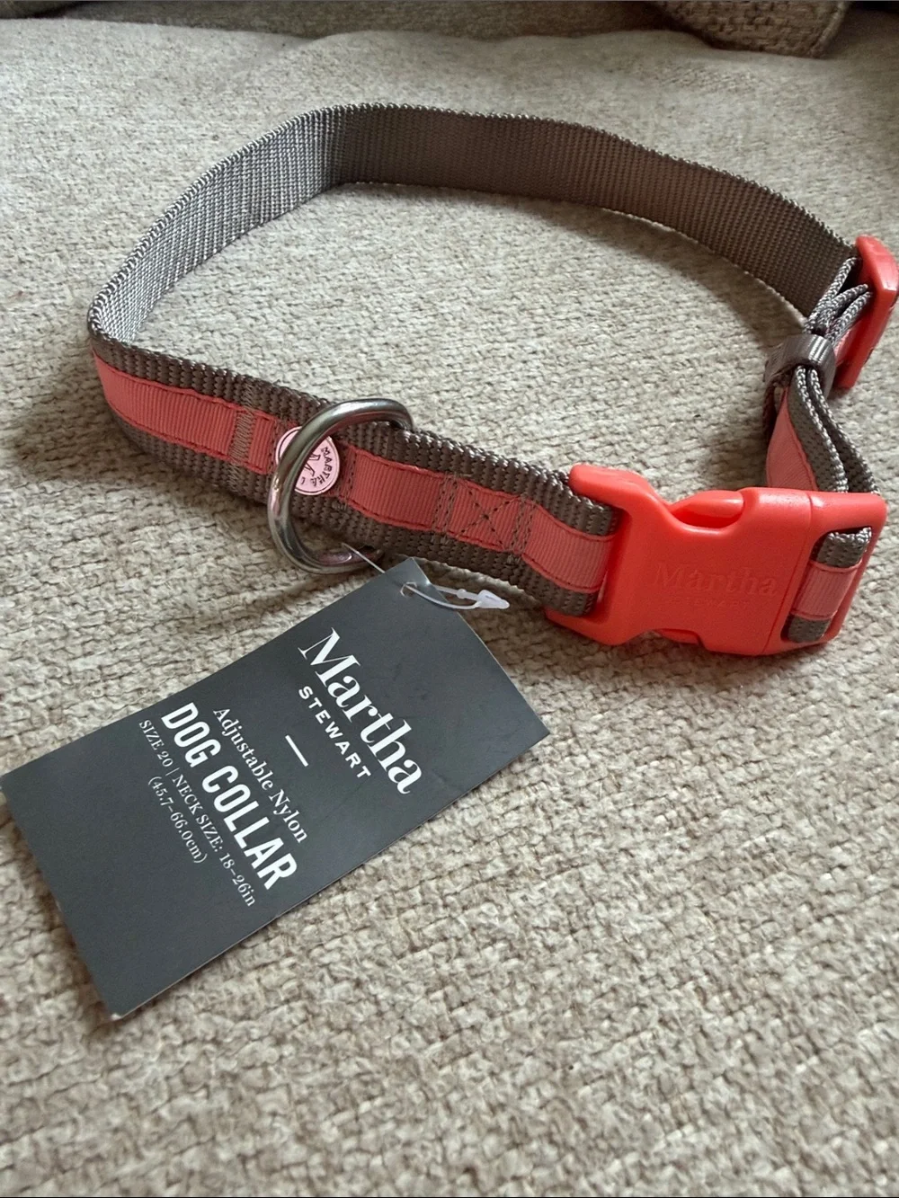 Martha Stewart Taupe Nylon Dog Collar with Coral Buckle